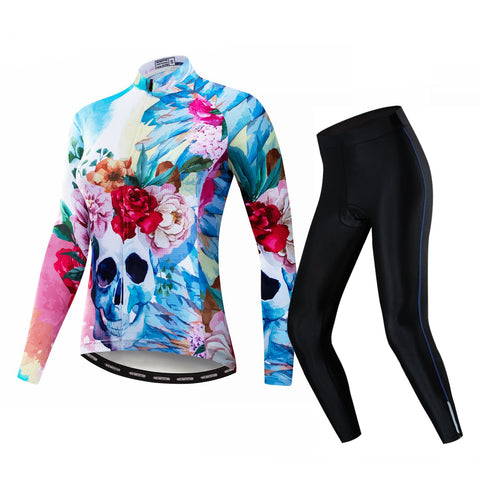 Colorful Skull Women's Long Sleeve Cycling Jersey Set #W10