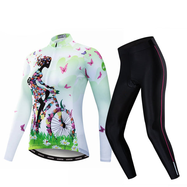 Cycling Girl Green Women's Long Sleeve Cycling Jersey Set #S69