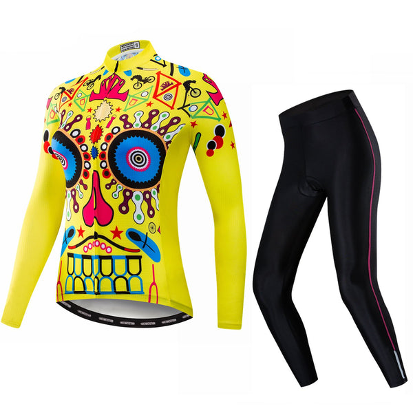 Yellow Skull Women's Long Sleeve Cycling Jersey Set #W11